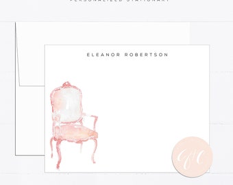 Antique chair, personalized stationery, watercolor, printed art, gift for, feminine, vintage, pink, illustration, interior design, girly