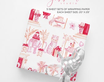 Pink Christmas wrapping paper, pink chinoiserie, holiday, pink tiger, monkey, elephant, wrapping paper, whimsical, gift wrap, paper product