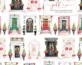 Christmas Door wrapping paper, classic, decorative Christmas doors, holiday, wrapping paper, whimsical, gift wrap, paper product