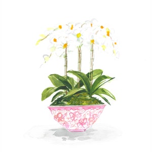 White orchids, pink container, art print, watercolor art, printed art, modern, watercolor, illustration, pink porcelain, watercolor, orchid