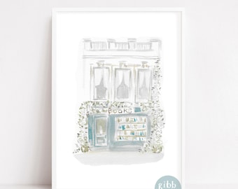 May include: A watercolor illustration of a bookstore with a white facade and green vines. The storefront window displays books and the sign above reads "Books".
