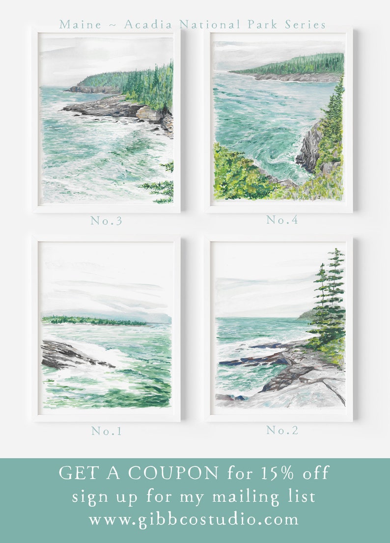 Maine, Acadia National Park, Seascape, landscape, art print, watercolor art print, printed art, modern, illustration, blue image 7