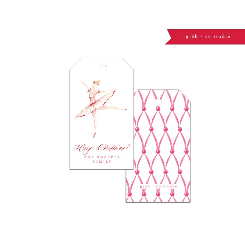 May include: Pink and white Christmas gift tags with a ballerina illustration and the text "Happy Christmas! The Roberts Family". The back of the tag features a pink and white ribbon pattern.