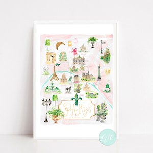 Paris city map, Paris Illustrated map, city of Paris, France, illustrated Paris map for nursery, Parisian icons