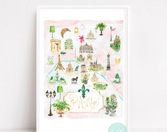 Paris city map, Paris Illustrated map, city of Paris, France, illustrated Paris map for nursery, Parisian icons