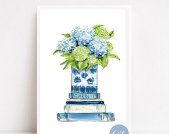 Blue Hydrangeas art print, stacked books, tea, book lover art print, whimsical wall art, blue art print, watercolor, wall decor, blue pot