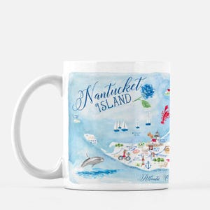 Tasse en céramique de carte de Nantucket, 11 oz, carte aquarelle illustrée de l'île de Nantucket, cadeau souvenir de Nantucket, cadeau d'art de voyage de Nantucket, côtier