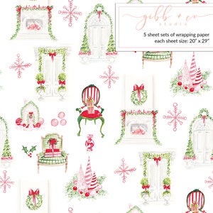 May include: A white background with a repeating pattern of Christmas-themed illustrations. The illustrations include a fireplace, a door, a chair, a wreath, a Christmas tree, and snowflakes. The text "gibbon studio" and "5 sheet sets of wrapping paper each sheet size: 20" x 29" " is also included in the pattern.
