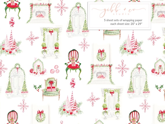 Christmas bright fireplace wrapping paper, pink, red, green, decorative, holiday, wrapping paper, whimsical, gift wrap, paper product