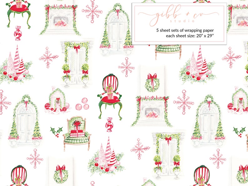 May include: A white background with a repeating pattern of Christmas-themed illustrations. The illustrations include a fireplace, a door, a chair, a wreath, a Christmas tree, and snowflakes. The text "gibbon studio" and "5 sheet sets of wrapping paper each sheet size: 20" x 29" " is also included in the pattern.