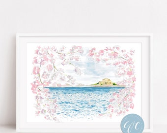 May include: Watercolor painting of a building with a dome, framed by pink cherry blossoms. The building is in the background, and the water in the foreground is a light blue color.