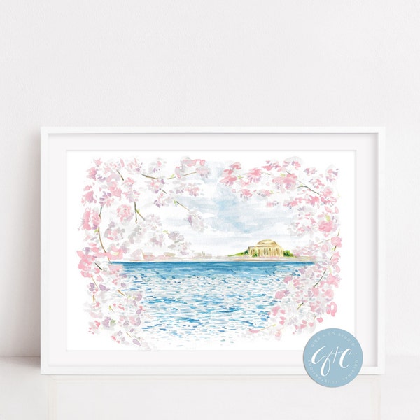 Cherry Blossom, Washington DC, Jefferson Memorial, watercolor art, travel art, nursery art, art print, printed art, modern, illustration