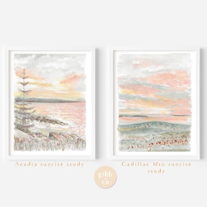 Sunrise, Acadia National Park, Cadillac Mountain, study, art print, whimsical, watercolor, wall decor, neutral art prints, pink, yellow
