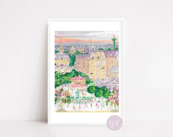 Paris travel art print, Paris Cityscape art print, whimsical, colorful, Paris icons, travel art, nursery art, French art print