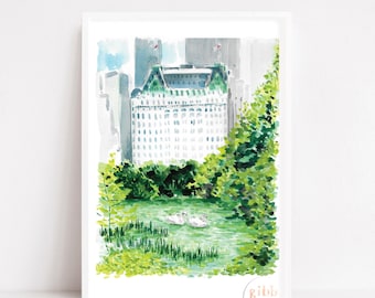 New York, Hotel Plaza, Central Park, New York Travel poster, New York travel art print, watercolor art print, printed art, fall, spring
