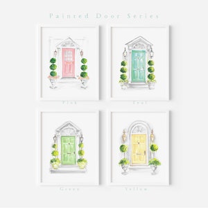 Painted Door series, pink, green, yellow, teal, Charleston, topiary, garden theme, art print, watercolor, printed art, modern, illustration