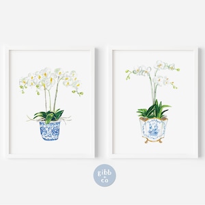 White orchids, blue container, art print, watercolor art, printed art, modern, watercolor, illustration, blue porcelain, watercolor, orchid