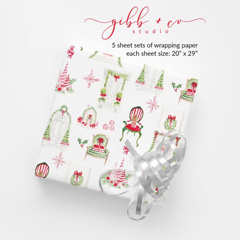 May include: A set of 5 sheets of Christmas wrapping paper with a white background and a repeating pattern of red, green, and white illustrations of doors, wreaths, chairs, and Christmas trees. Each sheet measures 20 inches by 29 inches.