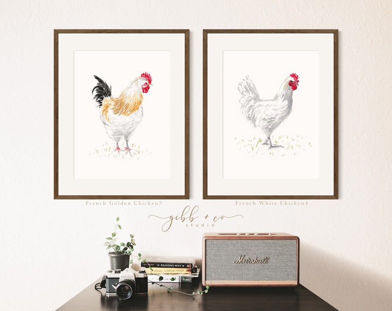 Chicken art, French, French hens, French Provincial, farmhouse, modern rustic, art print, watercolor art print, printed art, illustration image 3