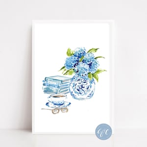 Impression d'art hortensias bleus, livres empilés, thé, impression d'art pour amoureux des livres, fantaisiste, coloré, impression d'art, aquarelle, décoration murale, pot bleu