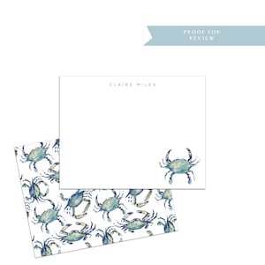 Cartes de correspondance personnalisées Blue Crab, crabes, côtières, nautiques, bleu, blanc, cadeau pour écrivain, papeterie personnalisée, cadeau pour professeur