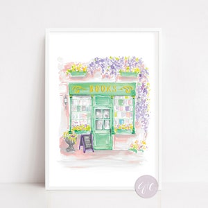 Bookshop, Wisteria Book shop art, book store, wisteria, spring, books, art print, watercolor art, modern, illustration, book lover