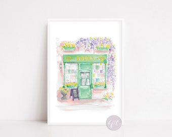 Bookshop, Wisteria Book shop art, book store, wisteria, spring, books, art print, watercolor art, modern, illustration, book lover