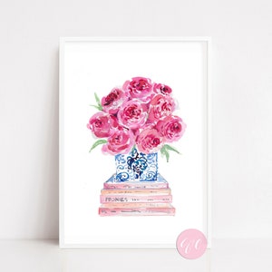 Pink Peonies, stacked books, art print, watercolor art, printed art, modern, watercolor, illustration, peony, pink, peony lover, book lover