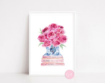 Pink Peonies, stacked books, art print, watercolor art, printed art, modern, watercolor, illustration, peony, pink, peony lover, book lover