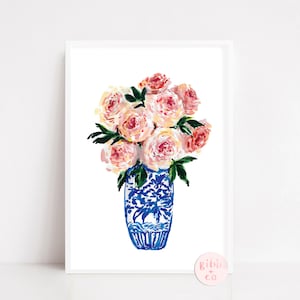 Blue Chinoiserie Vase Floral, series, peony, peonies, rose, roses, pink, peach, yellow, art print, watercolor art print, printed art, blue