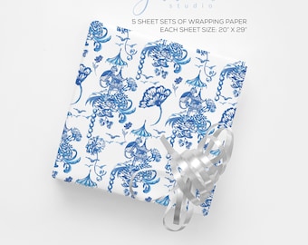 Papel de regalo chinoiserie Blue Monkey, acuarela, papel de regalo ilustrado, papel de regalo para bodas, papel de regalo para baby shower, verde, rosa