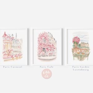 Paris travel art, Carousel, Cafe, Garden Luxembourg, pink art print, French travel art, whimsical Paris art print, Paris nursery art