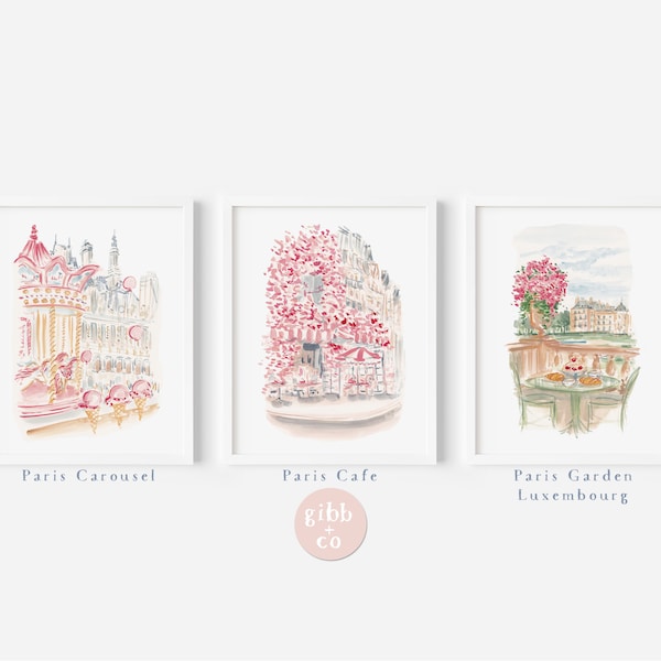 Paris travel art, Carousel, Cafe, Garden Luxembourg, pink art print, French travel art, whimsical Paris art print, Paris nursery art