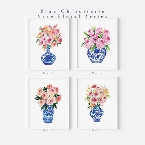 Blue Chinoiserie Vase Floral, series, peony, peonies, rose, roses, pink, peach, yellow, art print, watercolor art print, printed art, blue