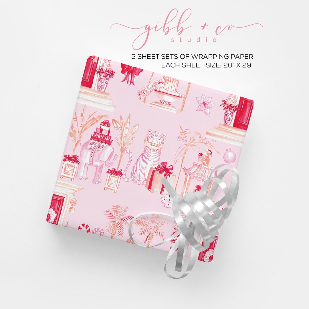 Christmas Wrapping Paper, Pink Chinoiserie, Holiday, Pink Tiger, Monkey