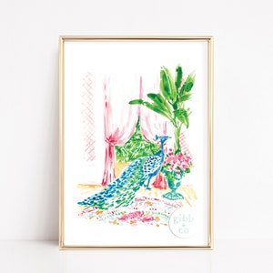 Peacock art print, Cheetah, Peacock, Parrot, Tiger, pink, peach, yellow, art print, watercolor art print, printed art, blue, green