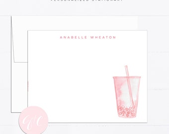 Personalized stationery, boba tea, girly, watercolor, printed art, gift for, feminine, illustration, pink, fun drinks, bubble tea