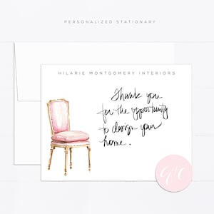 Antique chair personalized notecards, watercolor stationery, gift for, feminine, vintage chair, pink, illustration, interior design gift