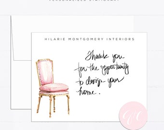 Antique chair personalized notecards, watercolor stationery, gift for, feminine, vintage chair, pink, illustration, interior design gift