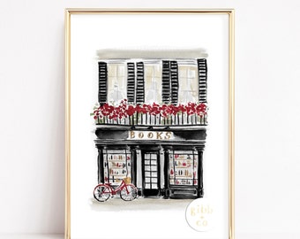Bookshop, Book lover, art print, architecture lover, art print, whimsical, watercolor, wall decor, neutral art prints, Bookshop series