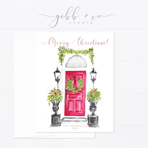 Christmas card, personalized Christmas card, red door, wreath, watercolor, monogram, gift for, feminine, girly, Holiday card, holidays