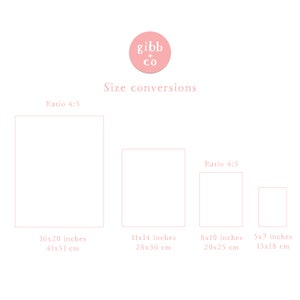May include: A white background with a pink logo that says "gibb + co". The text "Size conversions" is below the logo. Four rectangles show size conversions in inches and centimeters: 16x20 inches (41x51 cm), 11x14 inches (28x36 cm), 8x10 inches (20x25 cm), and 5x7 inches (13x18 cm).
