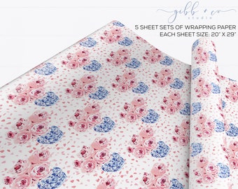 Pink Peony wrapping paper, pink peonies, blue porcelain vase, wedding wrapping paper, bridal shower wrapping paper, wedding paper