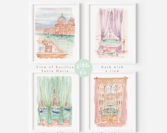 May include: A set of four watercolor paintings depicting scenes from Venice, Italy. The paintings feature a view of Basilica Santa Maria, a bath with a view, a view of a canal, and breakfast with a view.