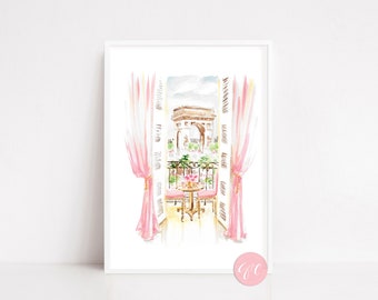 Paris travel art, Paris Breakfast view of Arc, pink art print, French travel art, whimsical Paris art print, Paris nursery art, French art