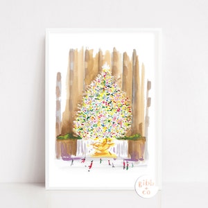 Rockefeller Christmas tree, New York collage, Rockefeller holiday tree, Christmas art, art print, watercolor art print, printed art