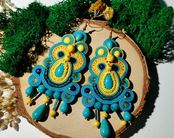 Bold, turquoise soutache earrings. Statement, dangle and drop perfect for summer earrings.