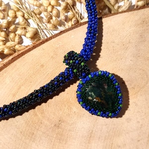 Camilion - handmade bead embroidery necklace with a stone heliotrope pendant, purple stone pendant, green heliotrope pendant