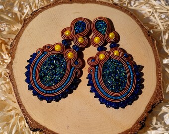 Soutache, bungelende oranje en blauwe oorbellen, handgemaakte sieraden.