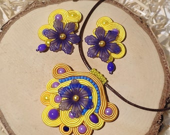 Caprice - Handmade  soutache set,  yellow soutache earrings and pendant, purple soutache jewelry set, handmade soutache jewelry set